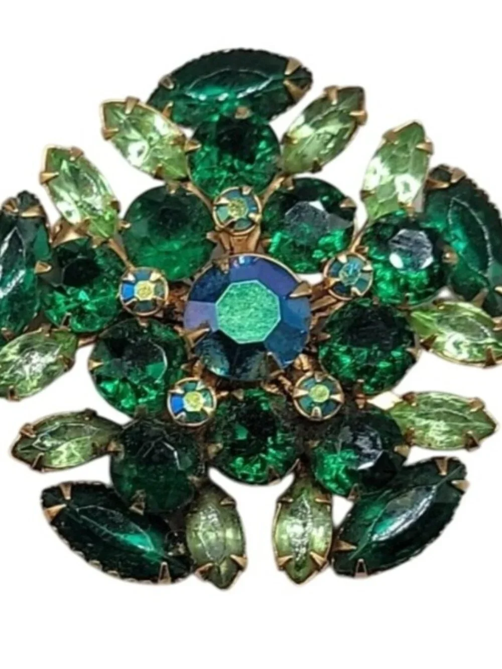 Juliana D&E Green Starburst Brooch Emerald & Peridot Navette Rhinestones Vintage